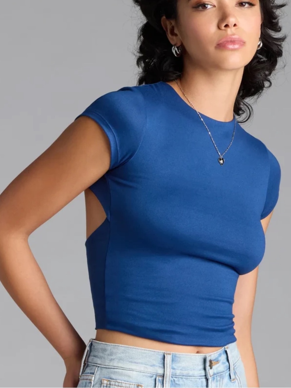 Windsor Women's Baby Got Back Blue Basic Crewneck Crop Tee NWT Size M